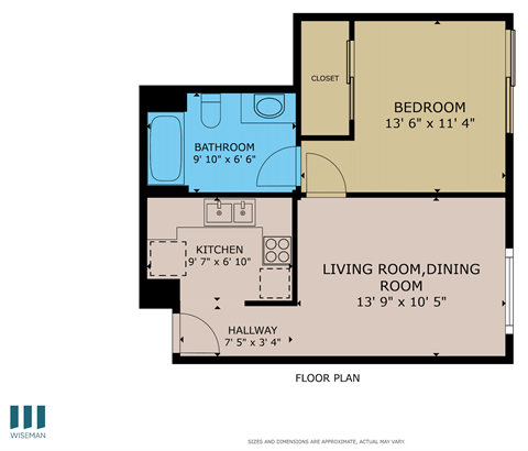 A floor plan of a room with a bedroom, bathroom, kitchen, living room and hallway.